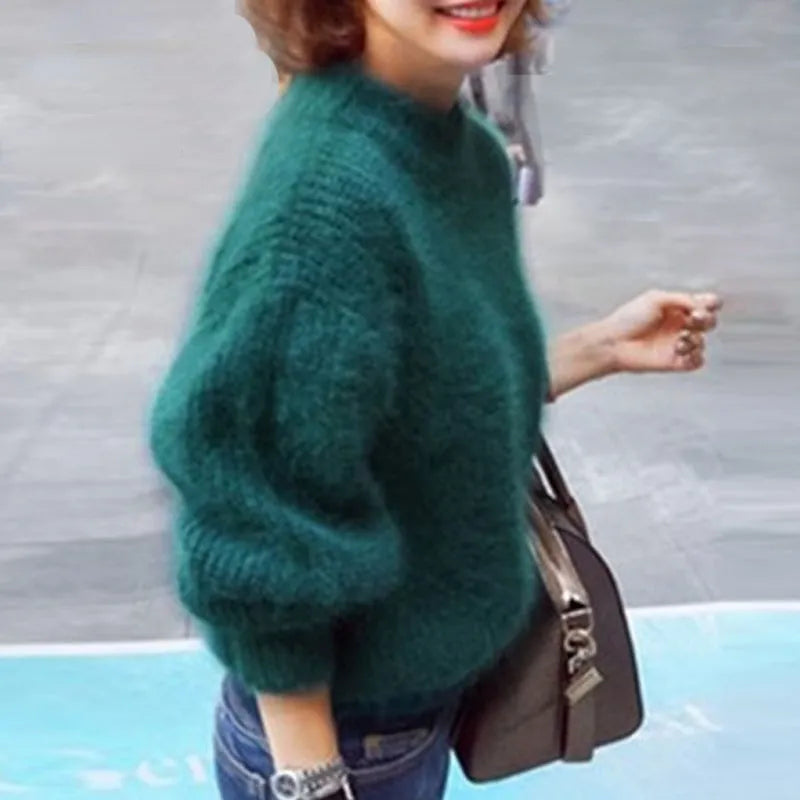 Women's high neck jumper with long balloon sleeves and ribbed trims