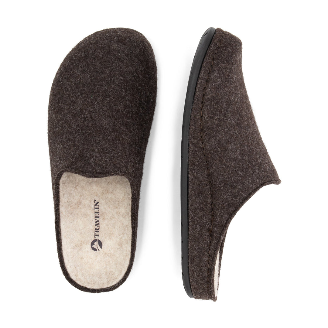 Brown unisex closed-toe house slippers with open backs and black flat soles