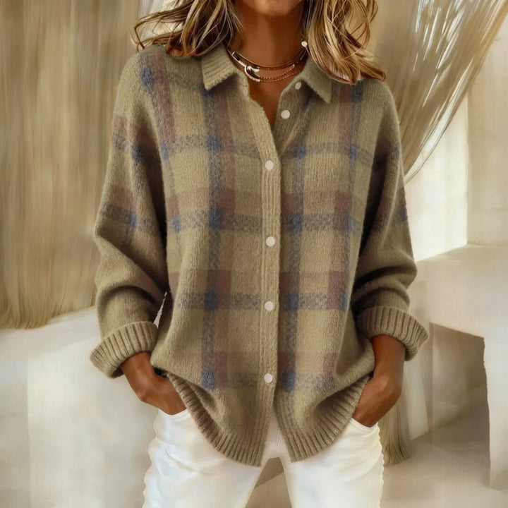 Women's checked collared knit sweater with button front