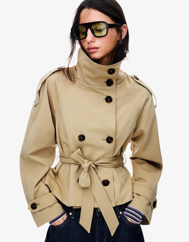 Women's short trench jacket with high collar, buttons, belt and shoulder tabs