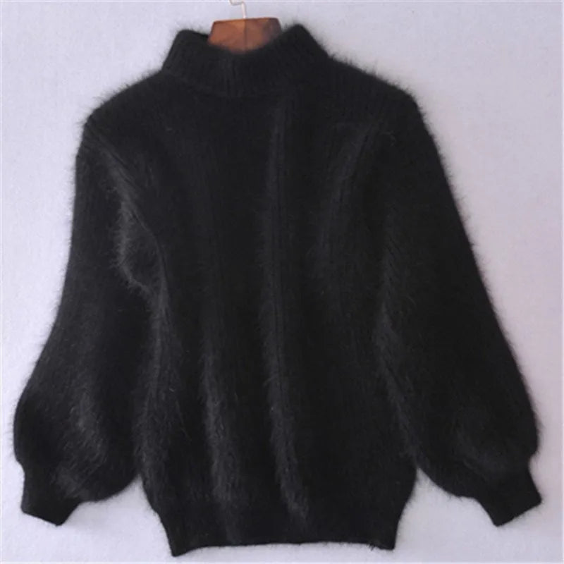 Women's high neck jumper with long balloon sleeves and ribbed trims