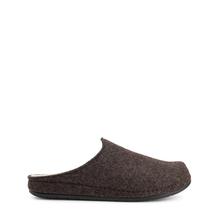 Brown unisex closed-toe house slippers with open backs and black flat soles