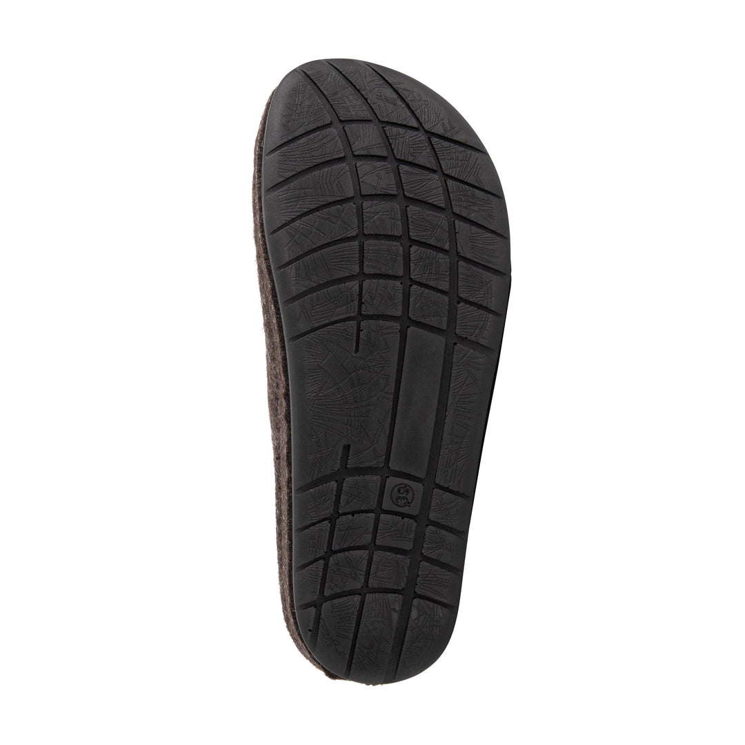 Brown unisex closed-toe house slippers with open backs and black flat soles