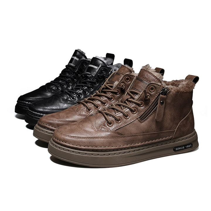 Men's lace-up ankle boots with side zipper and fur-textured lining