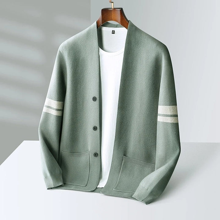 Men's button cardigan with contrasting striped sleeves and front pockets