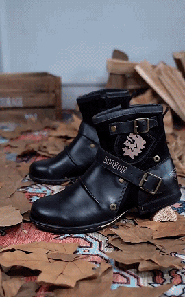 Men's ankle biker boots with buckle straps, rounded toes and decorative side panels