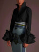 Women's solid blouse with raised collar, long sleeves, bow details and layered ruffle cuffs