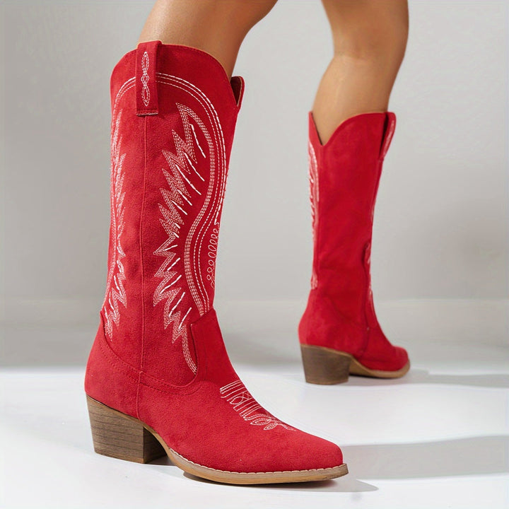 Women's knee-high Western cowboy boots with decorative embroidery and block heels