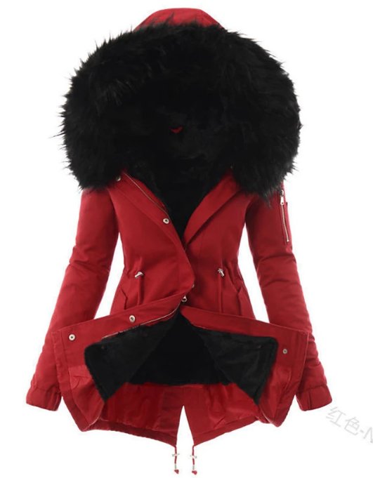 Women's longline parka jacket with hood and faux fur trim