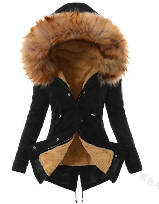 Women's longline parka jacket with hood and faux fur trim