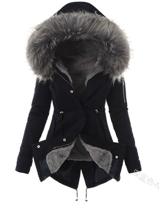 Women's longline parka jacket with hood and faux fur trim