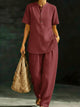 Women's 2-Piece Linen Set - Short Sleeve, Button Detail, Relaxed Fit