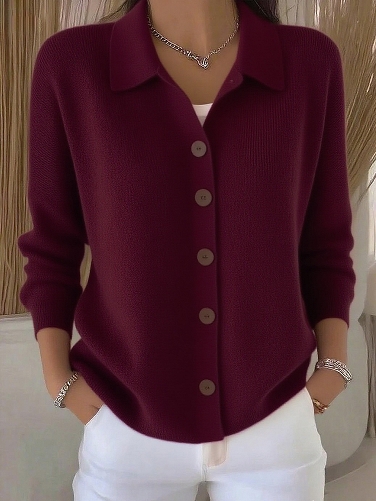 Women's collared knitted cardigan with long sleeves and button front