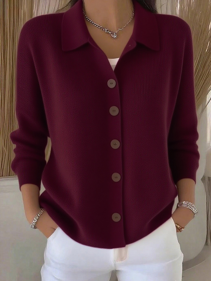 Women's collared knitted cardigan with long sleeves and button front