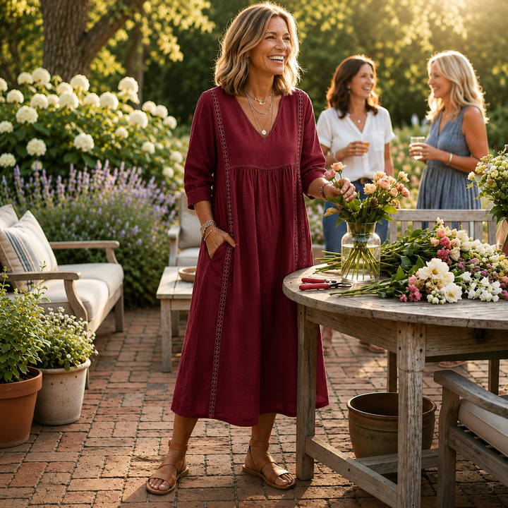 Women's Lightweight Maxi Dress — Ruched 3/4 Sleeve Dress with Pockets