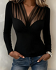 Women's long-sleeve V-neck blouse with gathered front and sheer upper panel