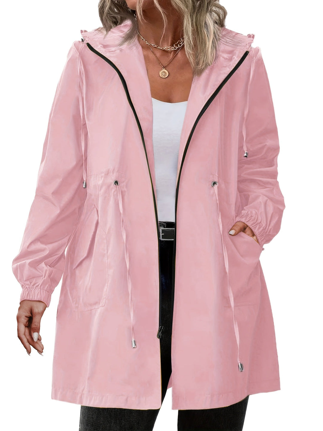 Women's long hooded raincoat with zip front, drawstring waist and front pockets