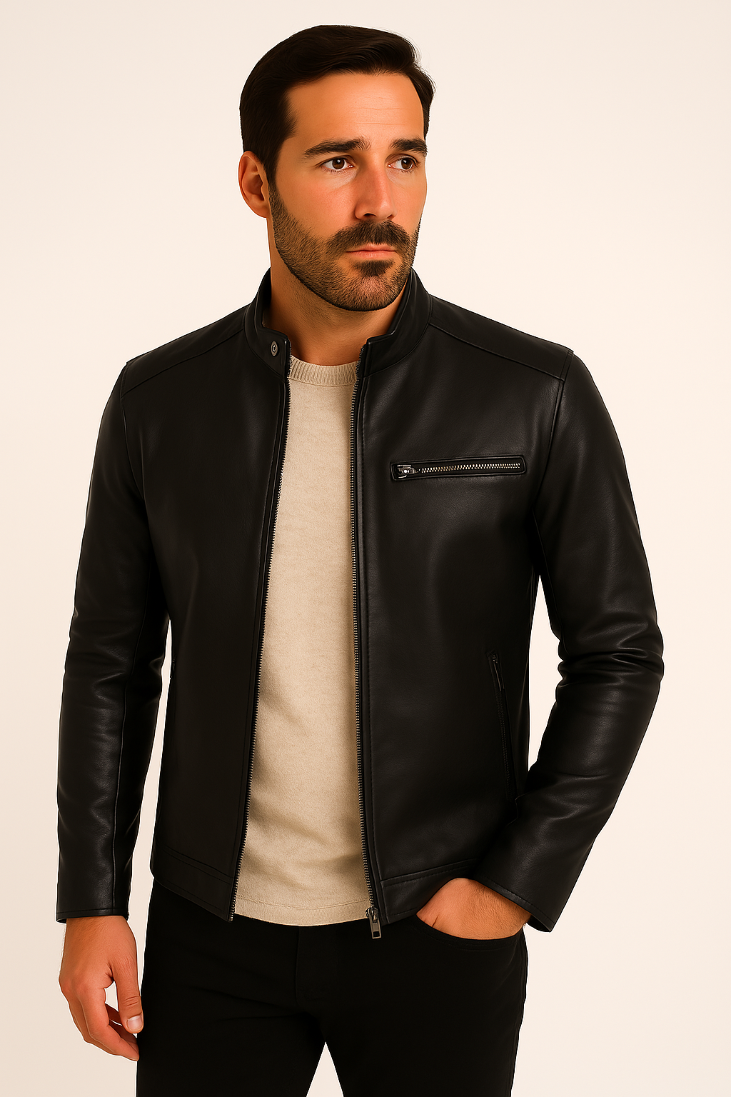 Men's stand collar jacket with long sleeves, front zip and zipped chest pocket
