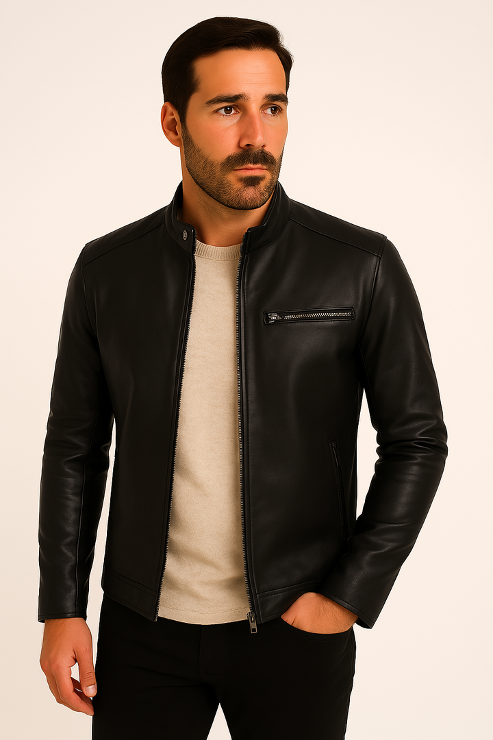 Men's stand collar jacket with long sleeves, front zip and zipped chest pocket