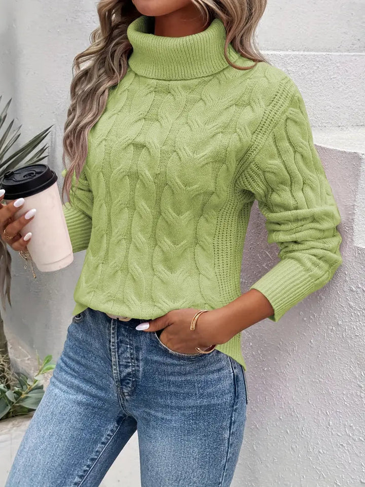 Women's cable knit turtleneck jumper with long sleeves