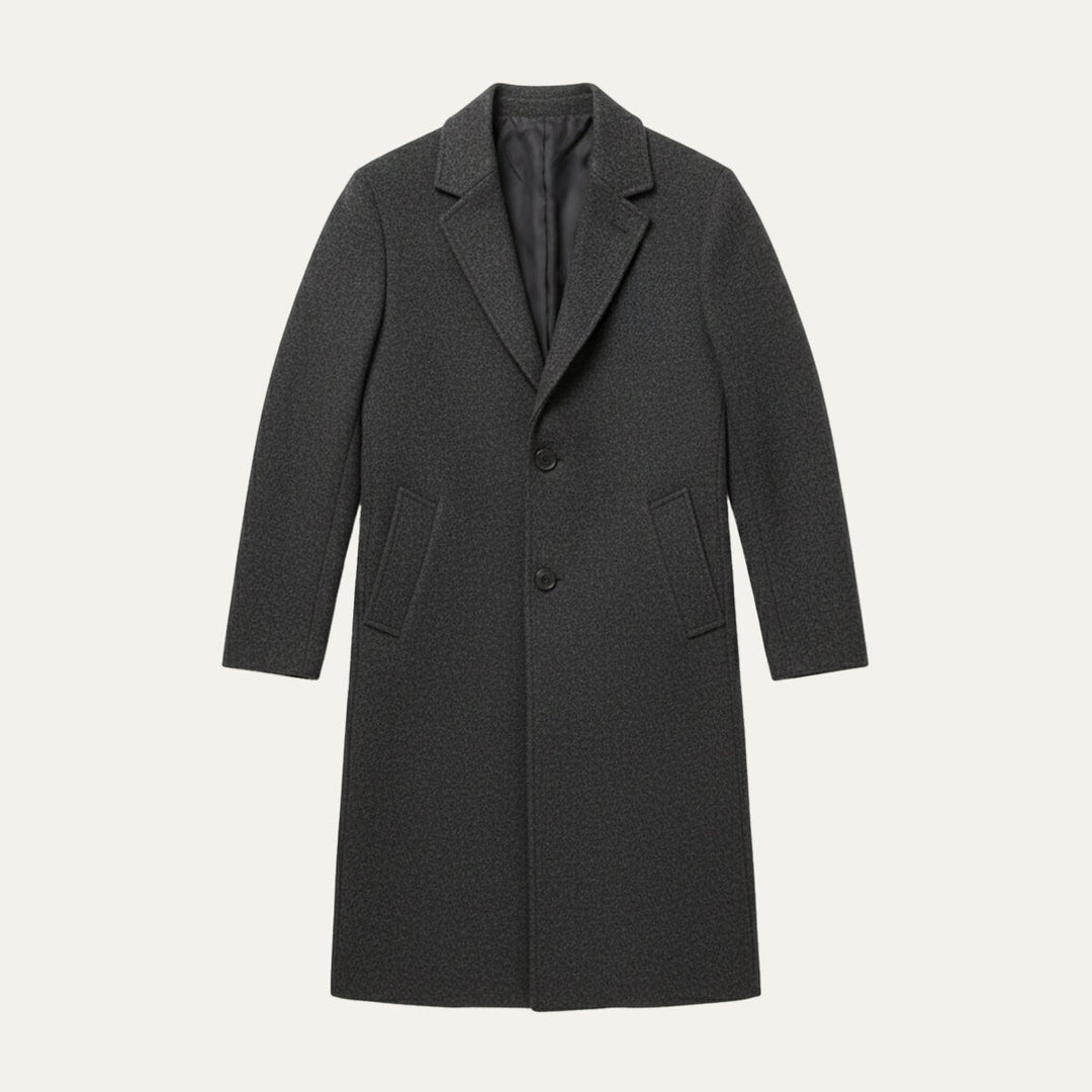Men's long tailored overcoat with notched lapels, buttons and side pockets