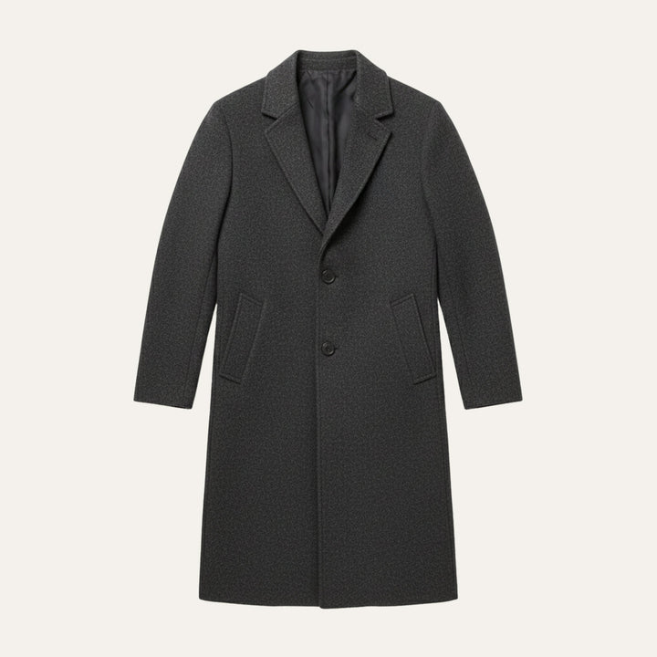 Men's long single-breasted overcoat with notched lapels and button front