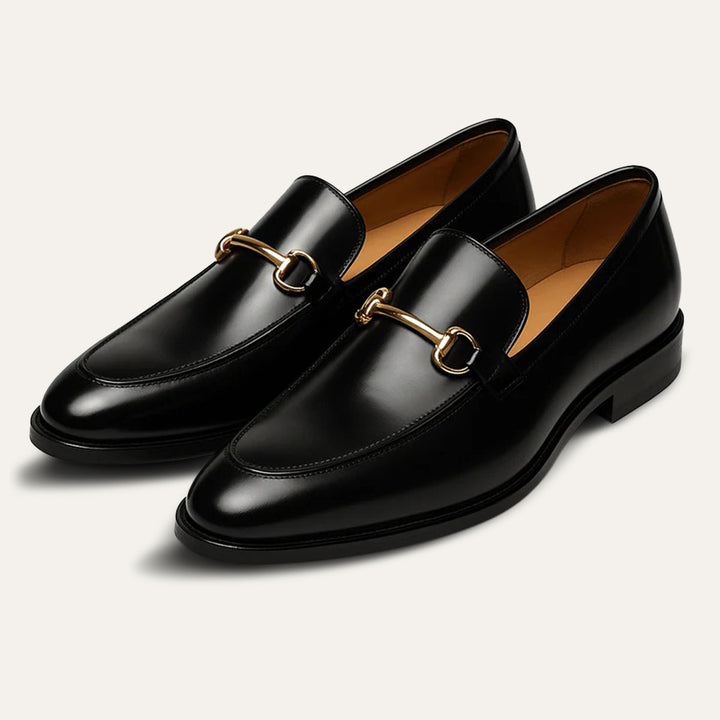 Men's black loafers with gold-tone horsebit detail