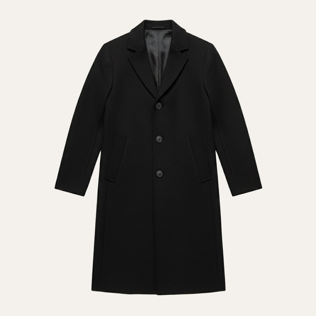 Men's long single-breasted overcoat with notched lapels and button front