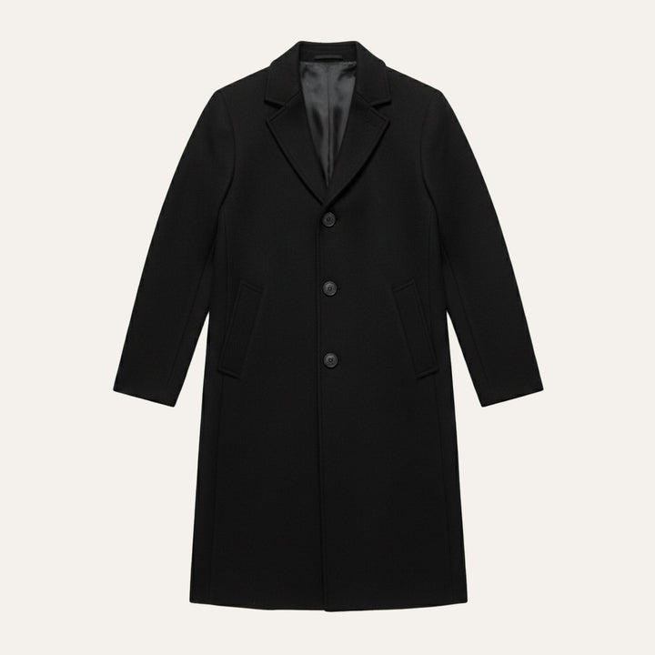 Men's long single-breasted overcoat with notched lapels and button front