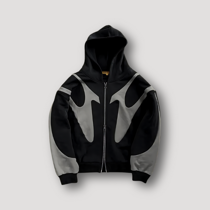 Men's graphic zip hoodie with hood and contrasting abstract panels