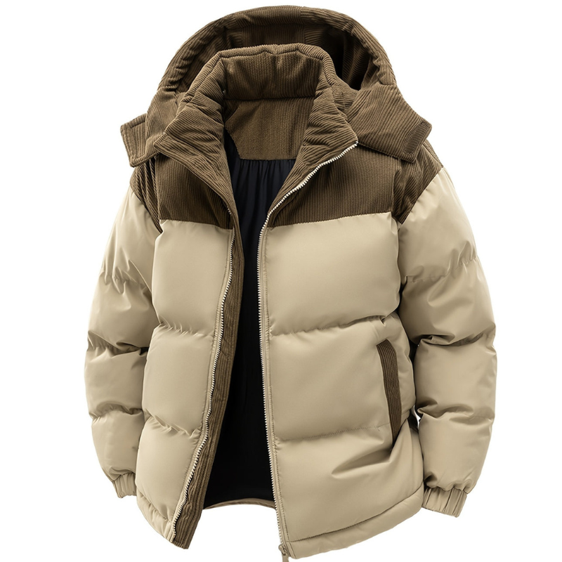 Men's hooded quilted puffer jacket with front zip and pockets