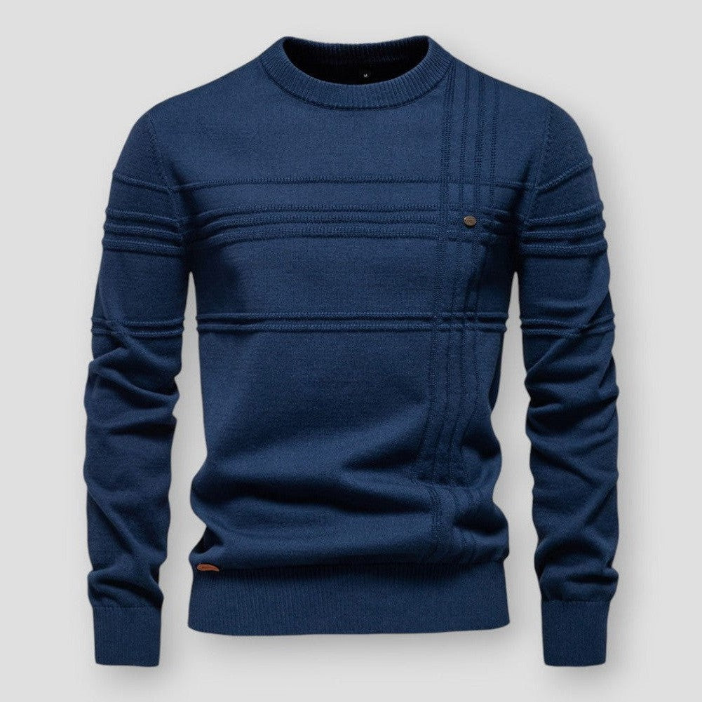 Men's long-sleeved crew neck jumper with textured panel detailing and ribbed trims