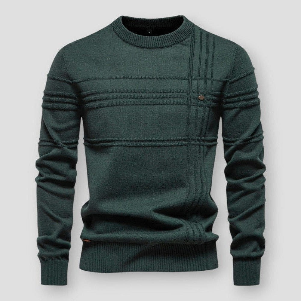 Men's long-sleeved crew neck jumper with textured panel detailing and ribbed trims