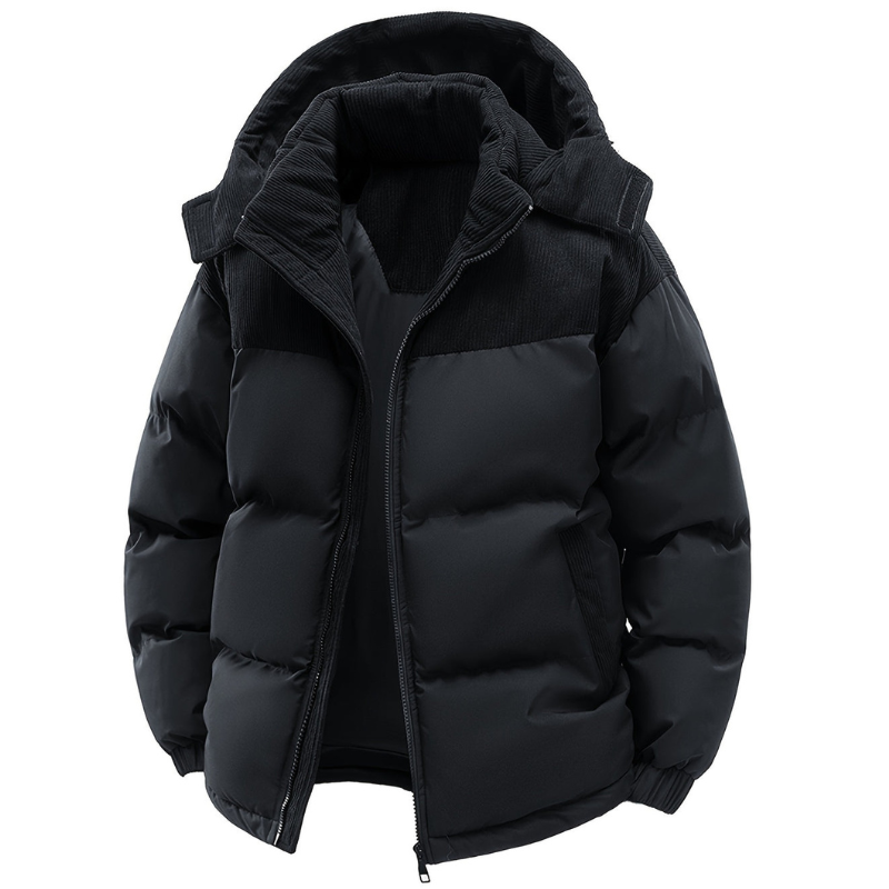 Men's hooded quilted puffer jacket with front zip and pockets