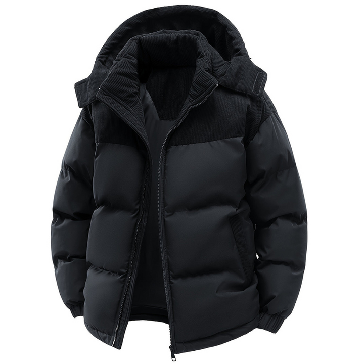 Men's hooded quilted puffer jacket with front zip and pockets