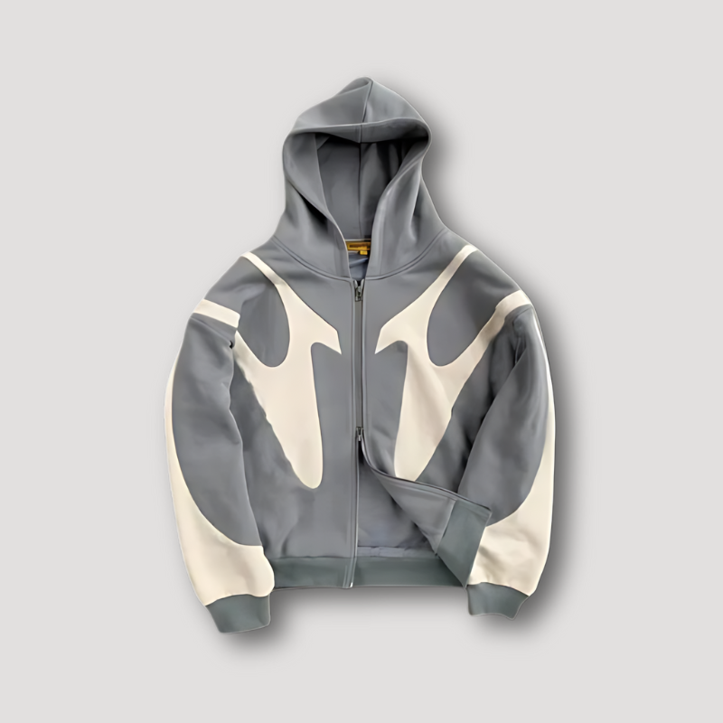 Men's graphic zip hoodie with hood and contrasting abstract panels