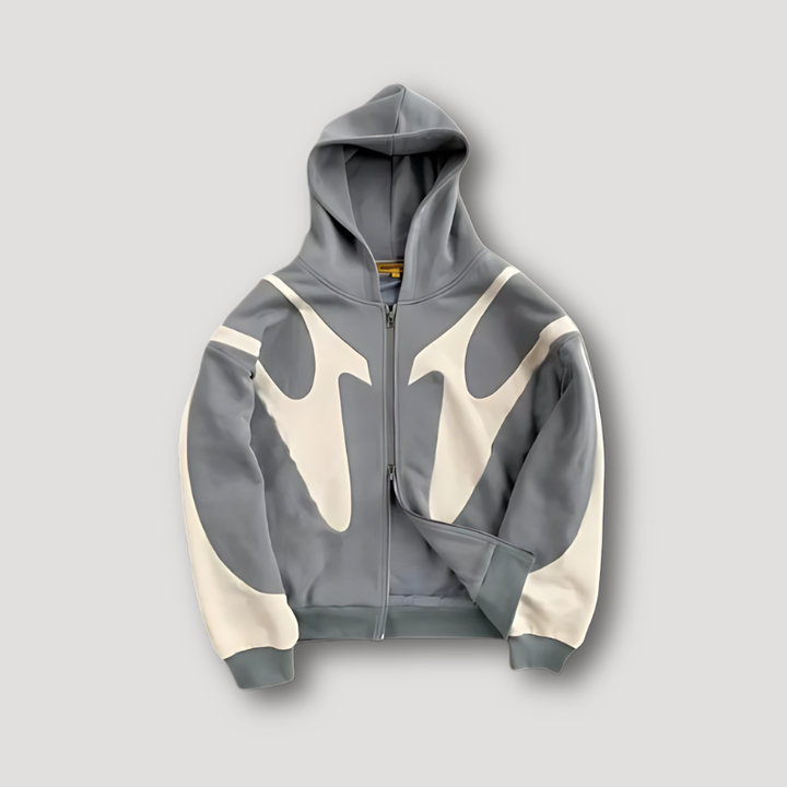 Men's graphic zip hoodie with hood and contrasting abstract panels