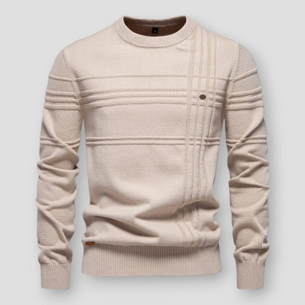 Men's long-sleeved crew neck jumper with textured panel detailing and ribbed trims