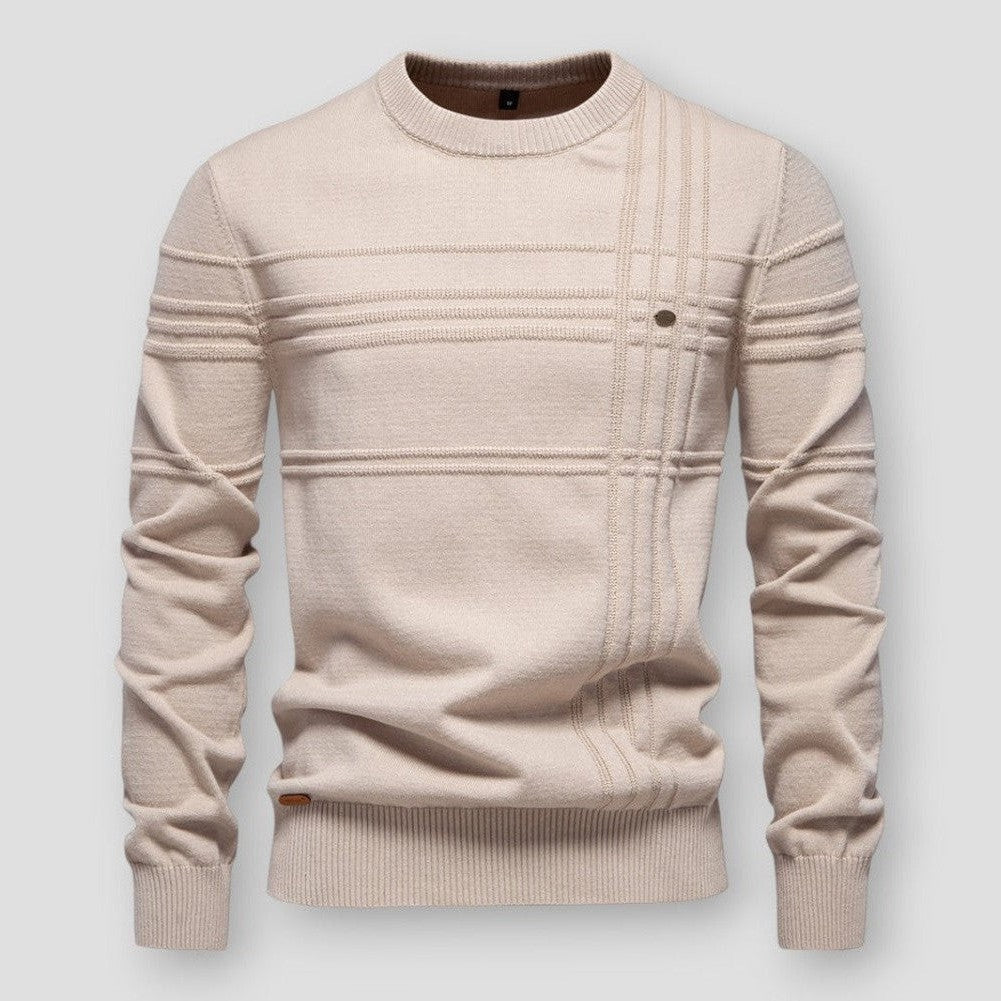 Men's long-sleeved crew neck jumper with textured panel detailing and ribbed trims
