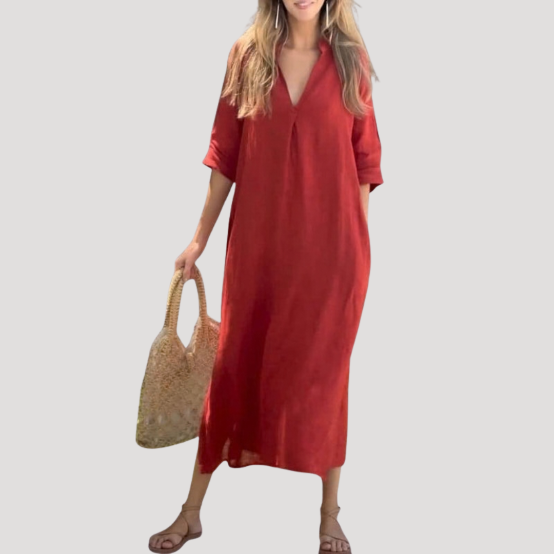 Women's V-Neck Midi Dress — Three-Quarter Sleeve Flowing Summer Dress