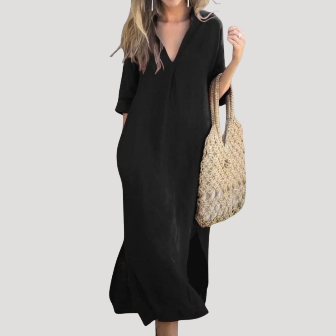 Women's V-Neck Midi Dress — Three-Quarter Sleeve Flowing Summer Dress