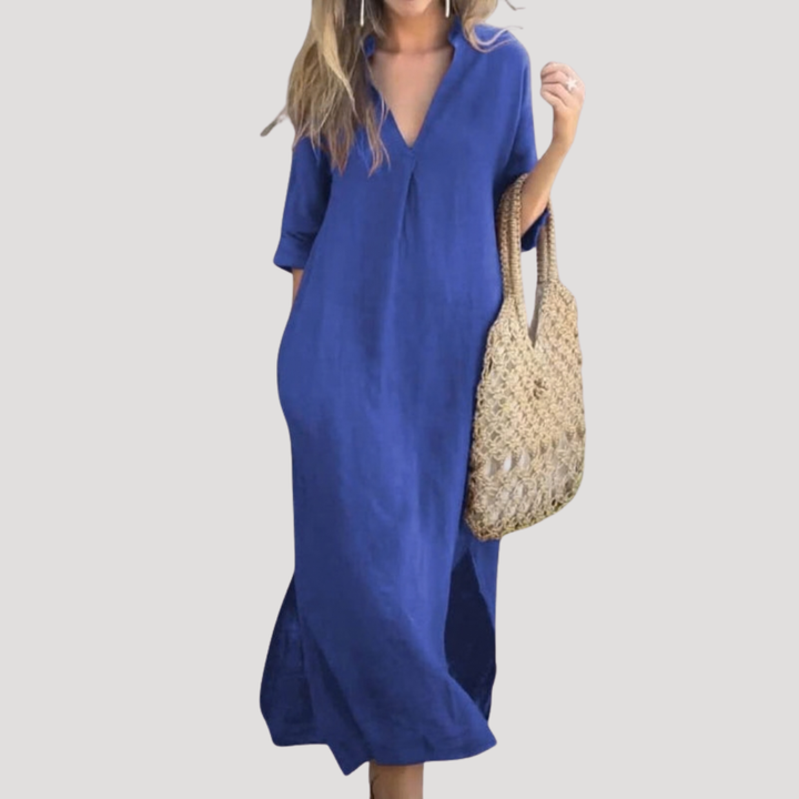 Women's V-Neck Midi Dress — Three-Quarter Sleeve Flowing Summer Dress