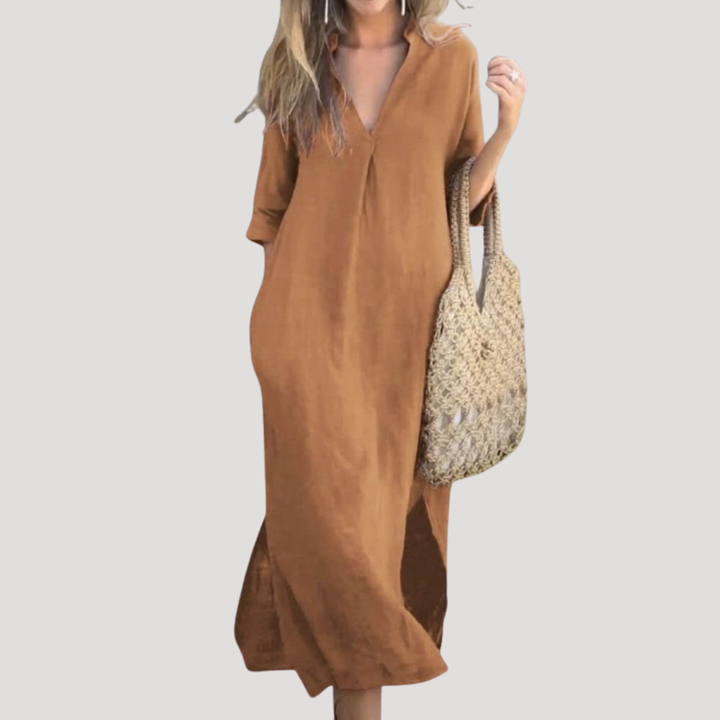 Women's V-Neck Midi Dress — Three-Quarter Sleeve Flowing Summer Dress