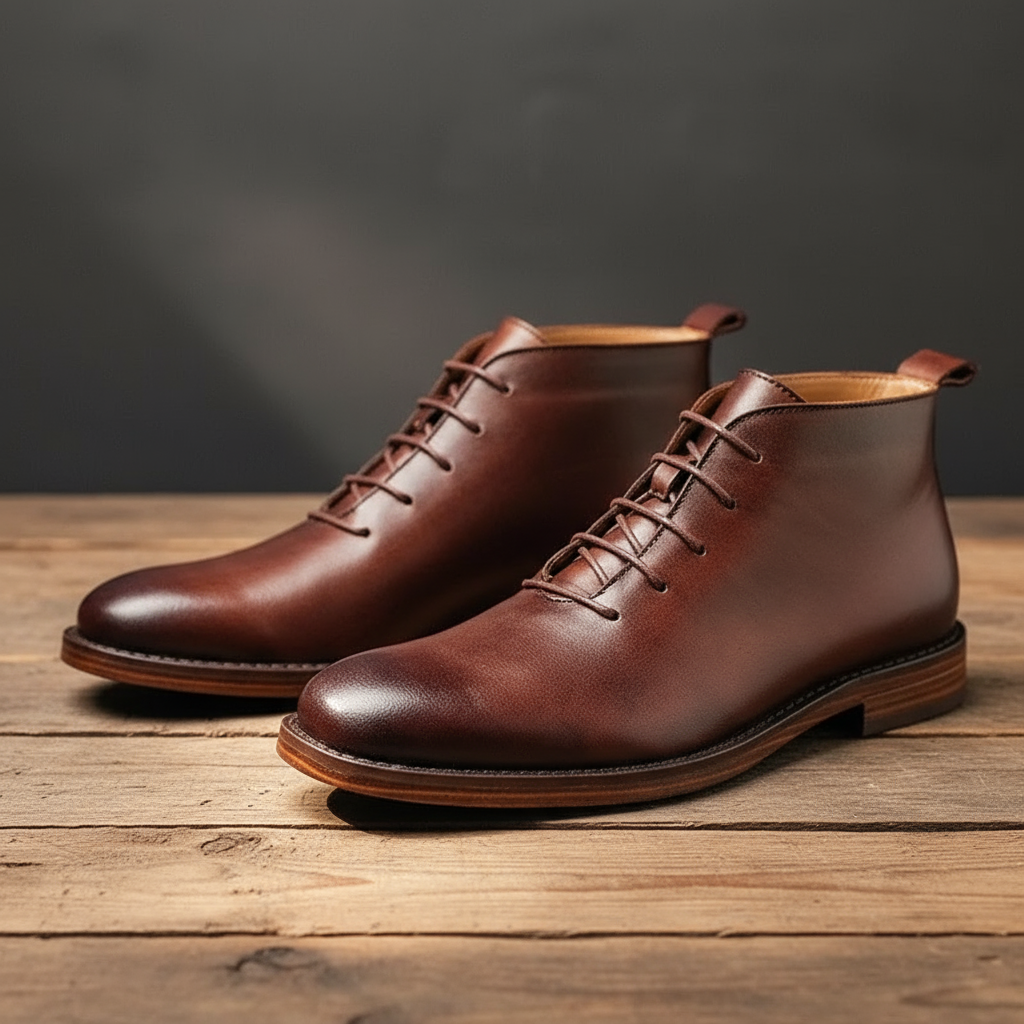Unisex brown and black lace-up ankle boots with low heels