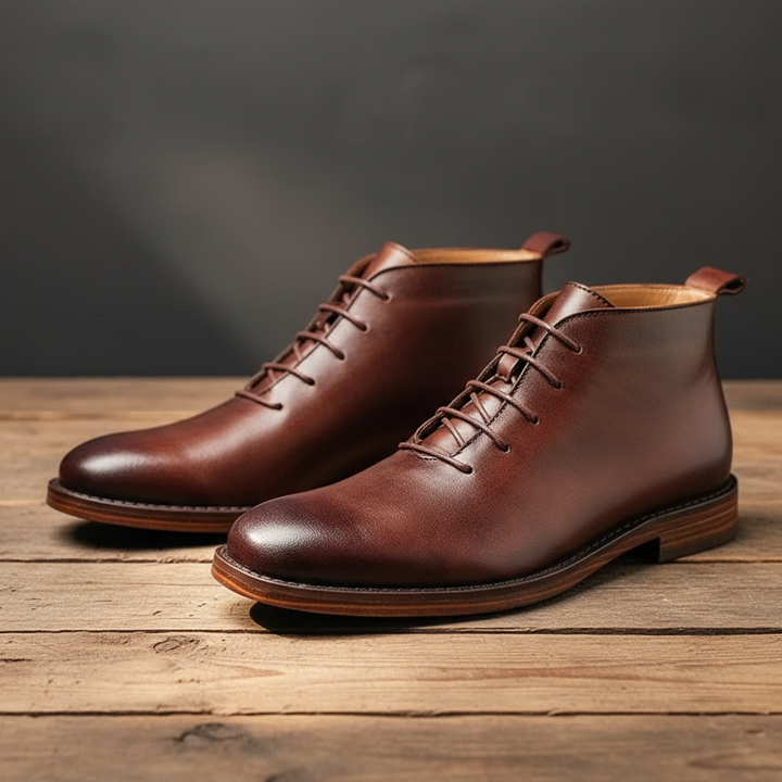 Unisex brown and black lace-up ankle boots with low heels