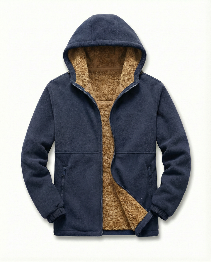 Men's hooded full-zip jacket with contrasting fleece-style lining and zipped pockets