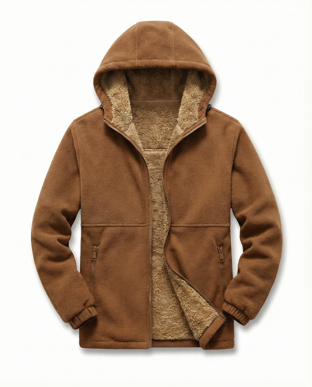 Men's hooded full-zip jacket with contrasting fleece-style lining and zipped pockets