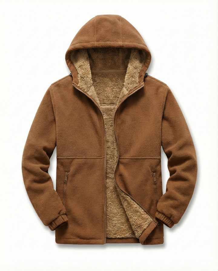 Men's hooded full-zip jacket with contrasting fleece-style lining and zipped pockets