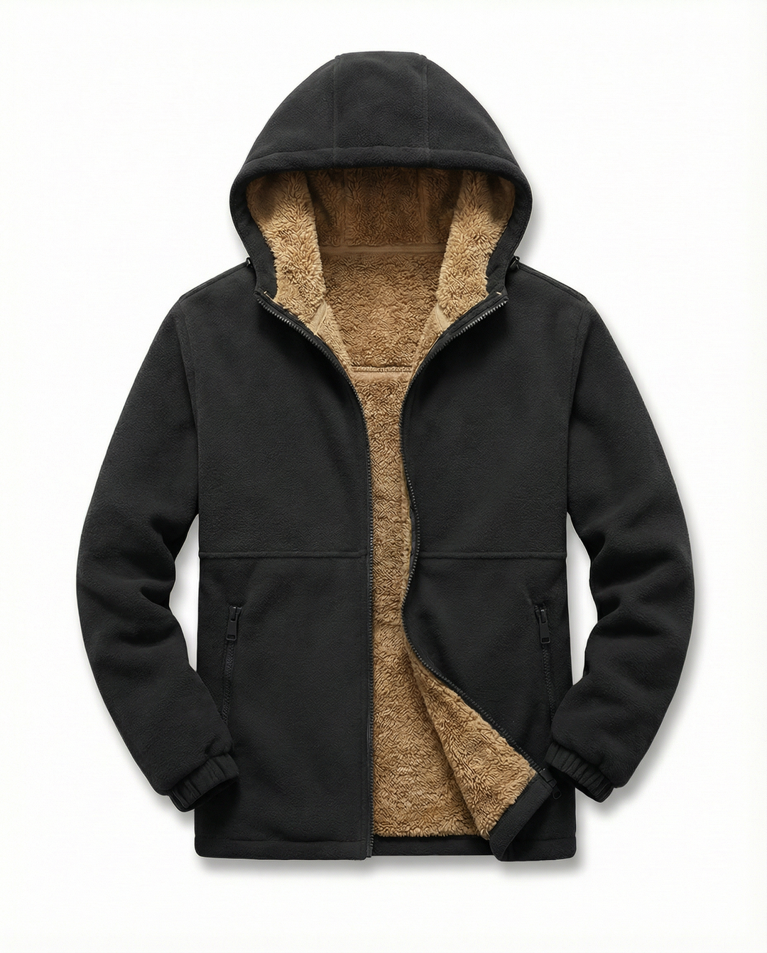 Men's hooded full-zip jacket with contrasting fleece-style lining and zipped pockets