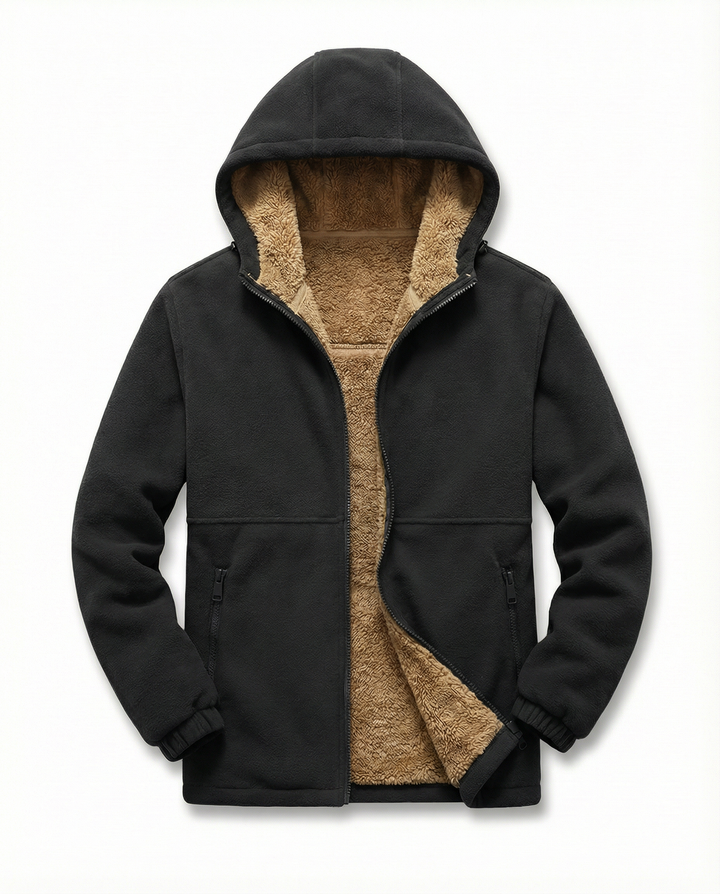 Men's hooded full-zip jacket with contrasting fleece-style lining and zipped pockets
